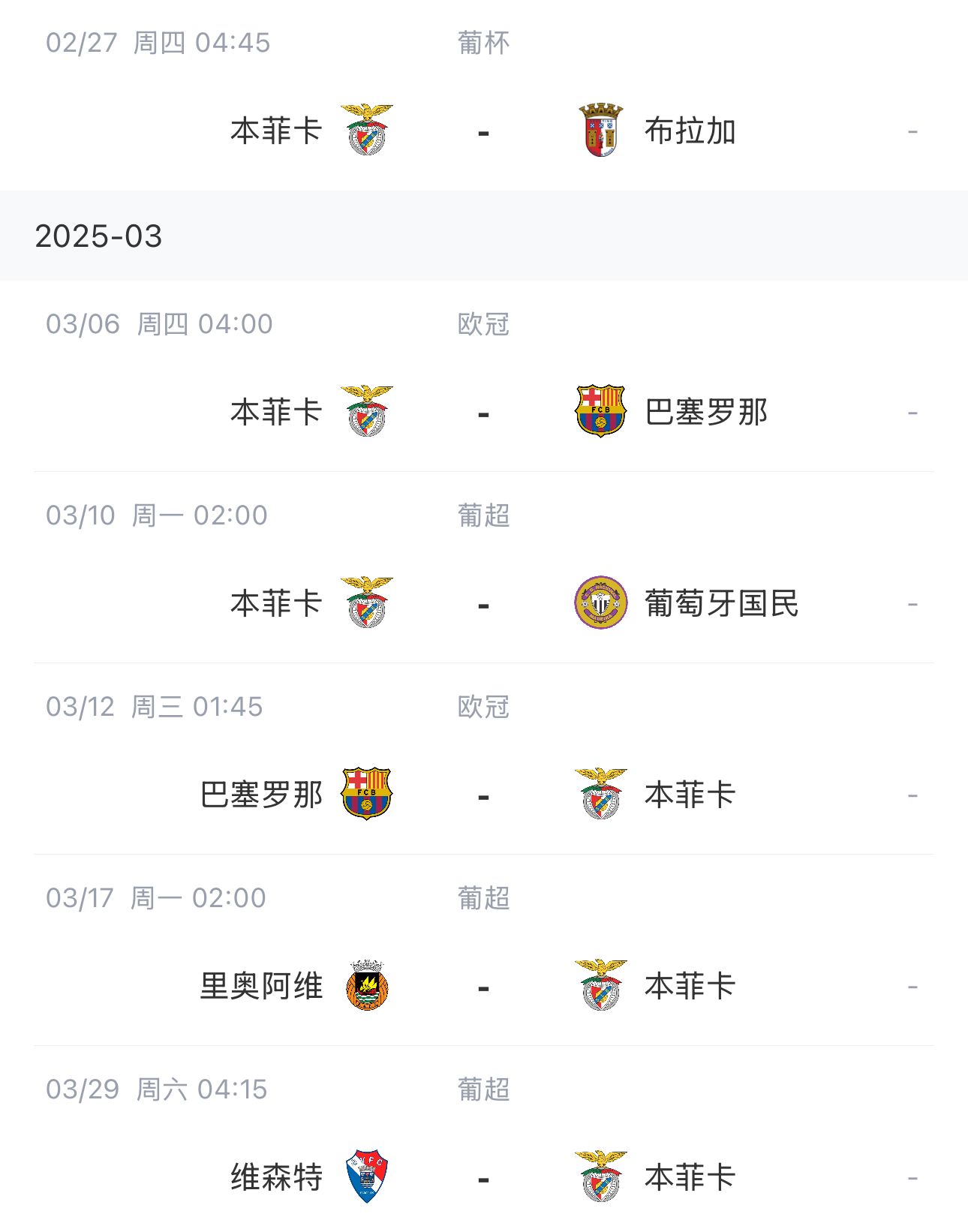  讓路歐冠！本菲卡戰(zhàn)巴薩首回合比賽前的葡超比賽推遲進(jìn)行