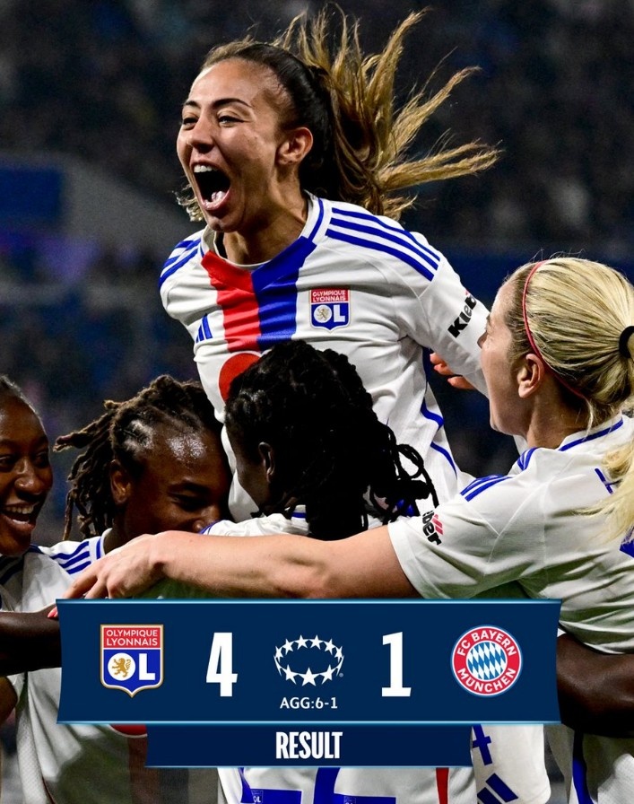  里昂女足4-1大勝拜仁女足，總比分6-1晉級(jí)女足歐冠半決賽