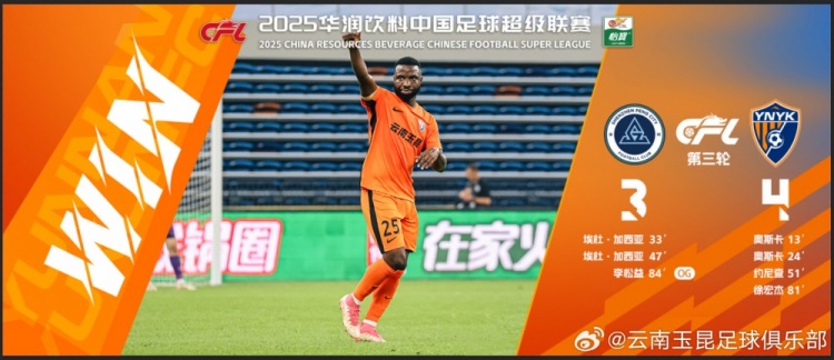  中超第3輪云南玉昆以4比3擊敗對手，這是云南足球的歷史中超首勝